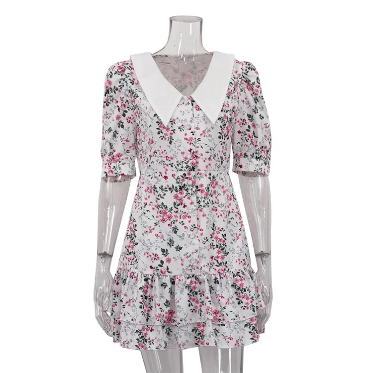Printed Ruffled V-Neck Mini Dress Female Short Sleeve Fashion Slim High Waist Elegant Party Dress Women's Summer Dress New