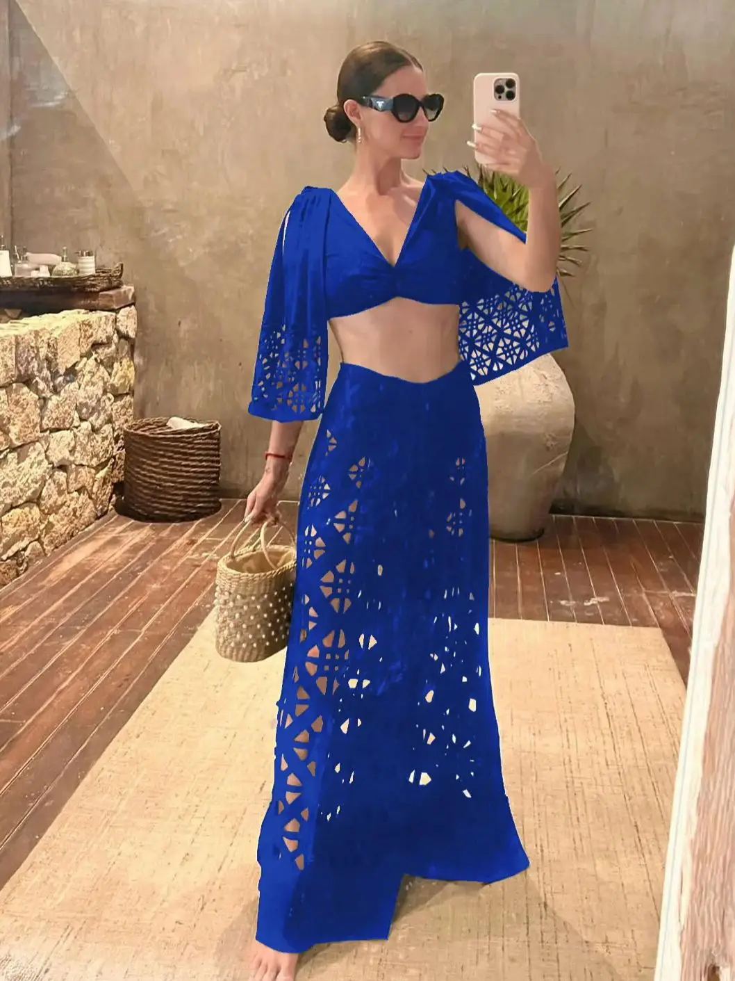 2024 Hot Sale Women Pants Set Hollow Out Wide Leg Pants Solid Color Trousers Overalls For Ladies High Street Female Clothing