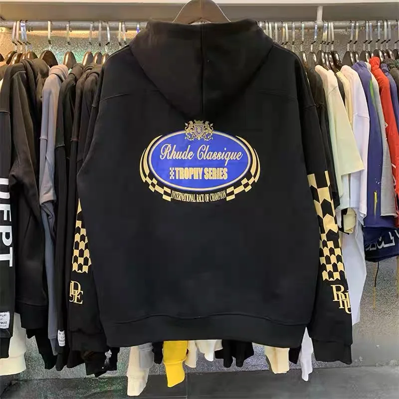 

20 Arrival RHUDE Crown Plaid Fashion Hoodie Men Vintage Rhude Women Sweatshirts Heavy Fabric Pullovers Men Clothing gym