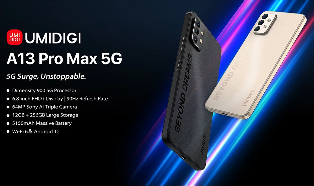 UMIDIGI A13 Pro Max 5G Smartphone Dimensity 900 12GB+256GB 64MP Triple Camera 6.8'' FHD+ Display 5150mAh 90Hz Portable CellPhone