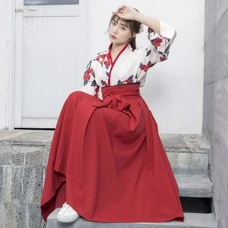 Japanese Style Floral Print Dress Long Kimono Skirt Kawaii Clothing Girls Party Robe Set Vintage Costume Asian Cosplay Women japanese kimono