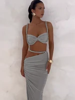 Weird Puss Bandage Ruched 2 Piece Set Women Square Collar Bra+Skinny Long Skirts 2025 Summer Vacation Beach Party Trend Suits - Image 3