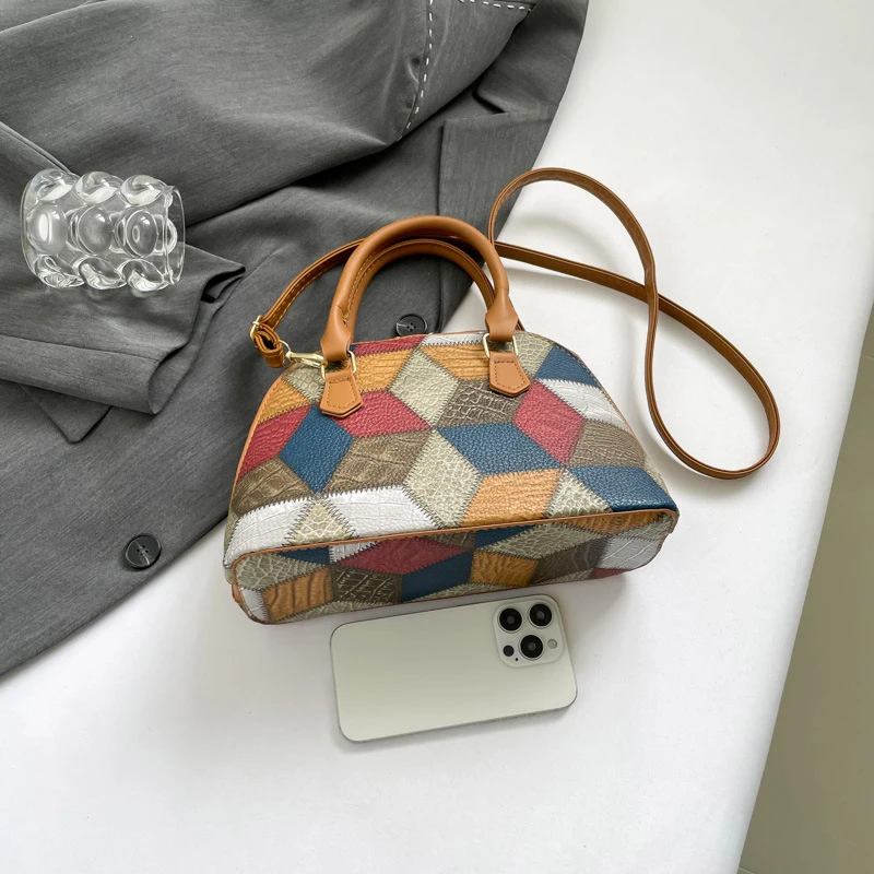 New Women Shell Crossbody Bag Contrast Color PU Leather Shoulder Bag Large Capacity for Shopping Small Handbags