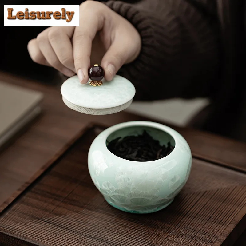 Ice Crystal Green Round Belly Tea Box Organizer Moisture-proof Antique Storage Tank Containers Tea Caddy Tea Ceremony Ornaments