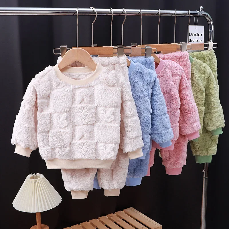 

2023 Winter Girls Boys Cute Cartoon Print Fleece Thick Warm 2pcs Suit Baby Kids Children Soft Clothing Set