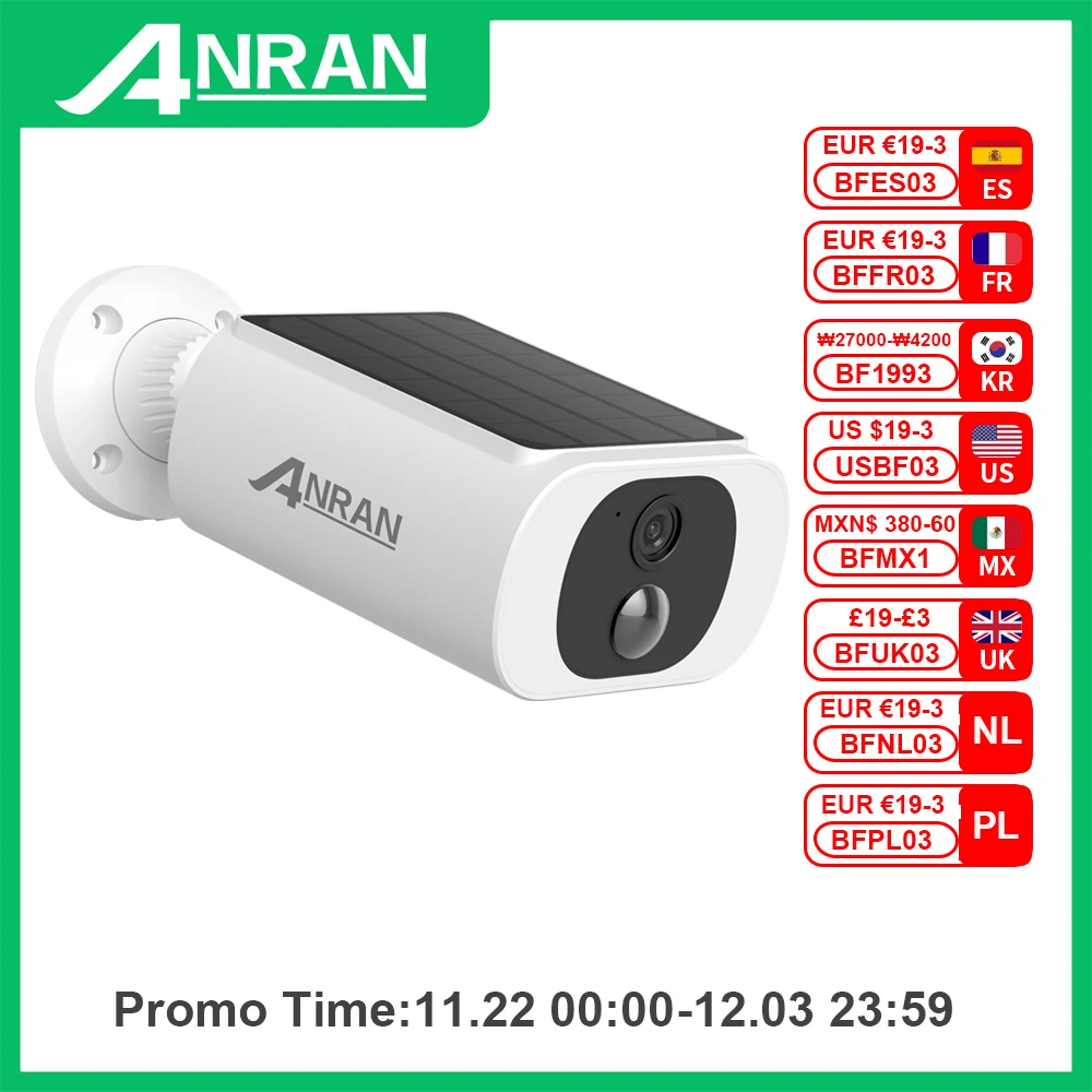 ANRAN Outdoor Solar Security Camera with Battery 3MP 2.4G WIFI Camera Battery Cloud Storage Color Night Vision Can’t Add NVR