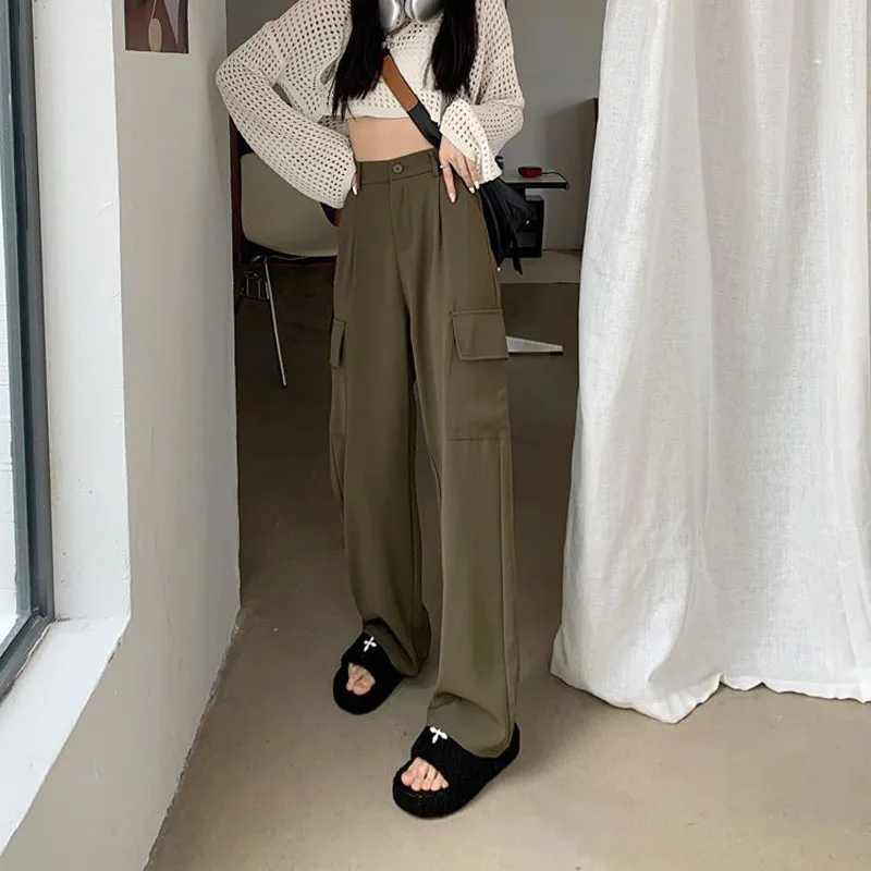 

Zoki Harajuku Vintage Women Cargo Pants Y2K Fashion High Waist Loose Pockets Casual Wide Leg Pants Streetwear Straight Trousers