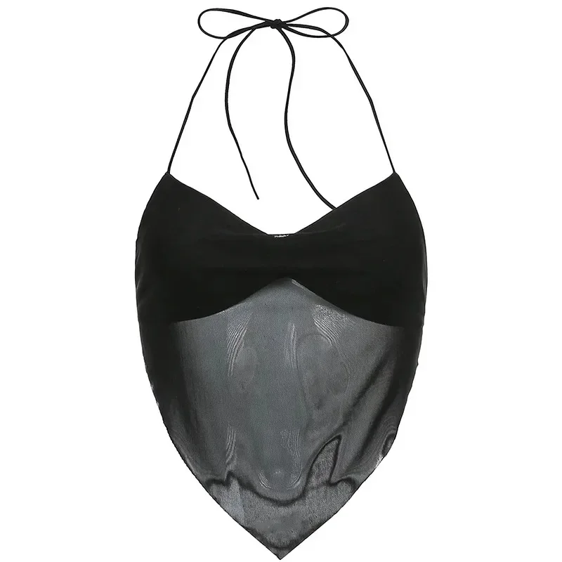 New Sexy Transparent Y2k Black Crop Tops Women V-neck Lace-Up Backless Camis Girls Summer Streetwear Basic Vest