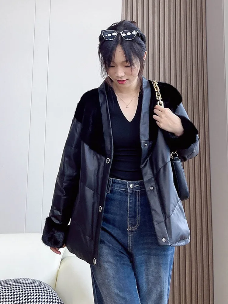 여성용 루즈핏 밍크 모피 가죽 다운 재킷, 싱글 브레스트 V넥 빈티지 오버코트, 두껍고 따뜻한 코트, 스트리트웨어