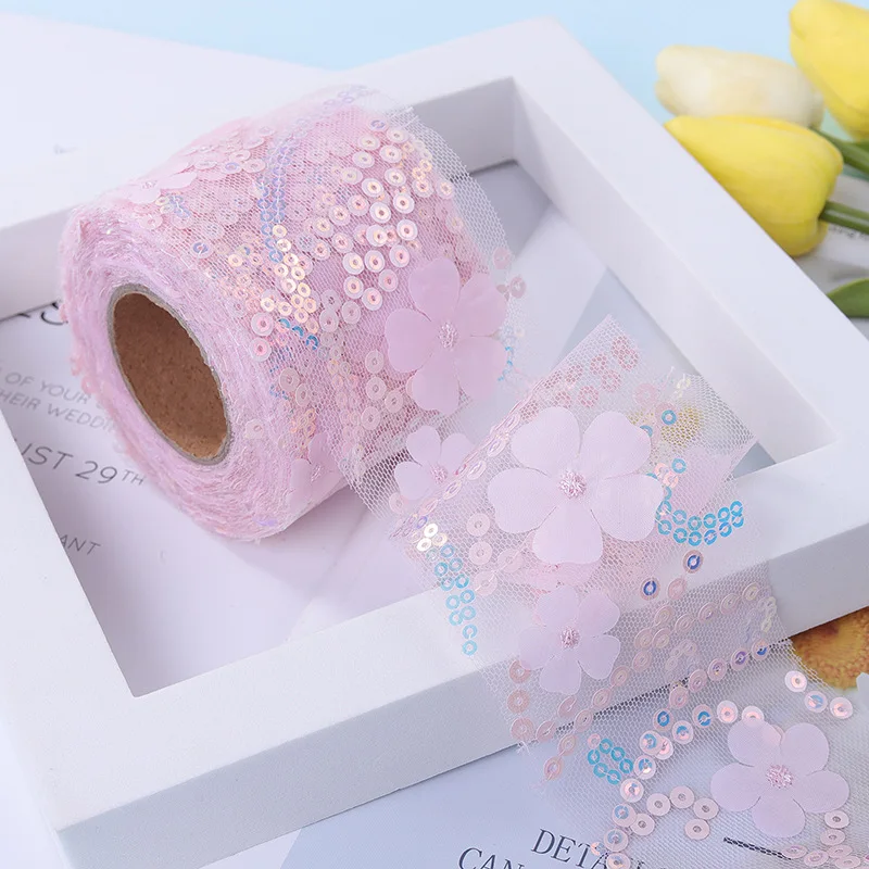 Sequins Decoration Trims Fabric Craft Supplies 10Yards/bag 3D Flower Glitter Tulle Roll Width 6cm Crystal Sequin Organza DIY Craft Tutu Skirt Gift Home Wedding Party Decor