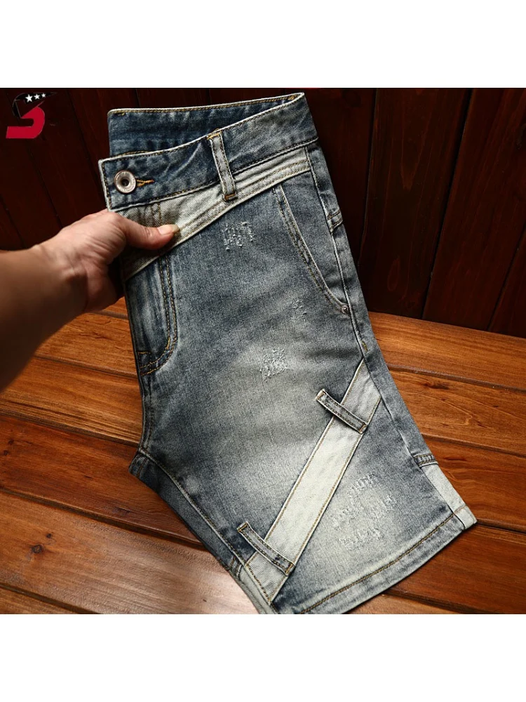 High-End Locomotive Denim Shorts for Men2024Summer Fashion Personality Stitching Design Casual Stretch Retro Cropped Pants