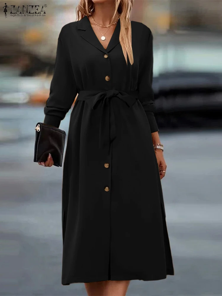 

ZANZEA Vintage Belted Commute Dress Casual Loose Solid Midi Dress Women Fashion Lapel Collar Vestidos Holiday Single Breast Robe