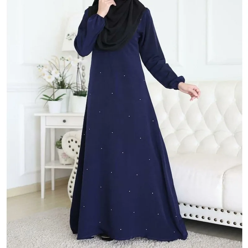 Wepbel Muslim Abaya Dress Women Long Sleeve Solid Color Turkey Kaftan Robe Islamic Clothing Dress Abaya Dubai Nail Pearl Robe