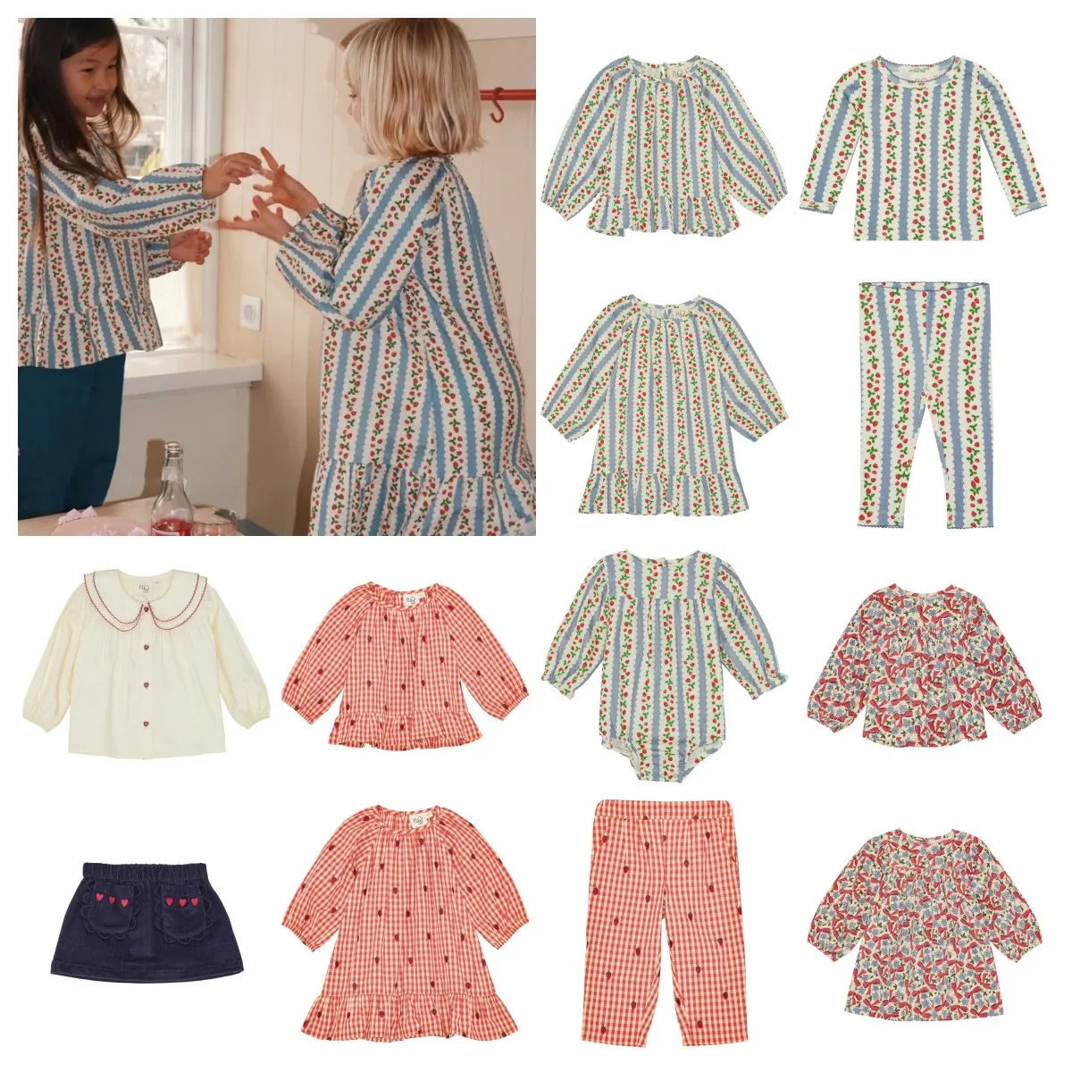 어린이 소녀 의류 25AW 새로운  귀여운 딸기 인쇄 코튼 탑 레깅스 소녀 꽃 드..