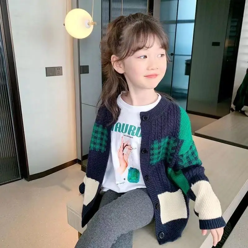 

2023 New Children Sweaters Girls Cardigans Knitting Round Collar Fashion Spring and Autumn Clothing Kids Jacket Coat K11