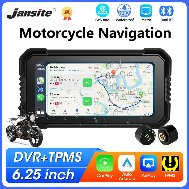휴대용 6.25인치 오토바이 GPS 네비게이션 무선 카플레이 IPS 터치스크린 IPX7 방수 모토 DVR 드라이브 레코더 TPMS 지원