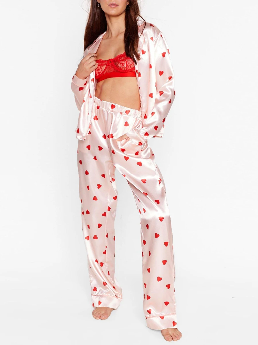 

Women Valentine s Day Pajama Sets Cute Long Sleeve Heart Button Down Shirt Top and Pants 2 Piece Pjs Y2K Loungewear