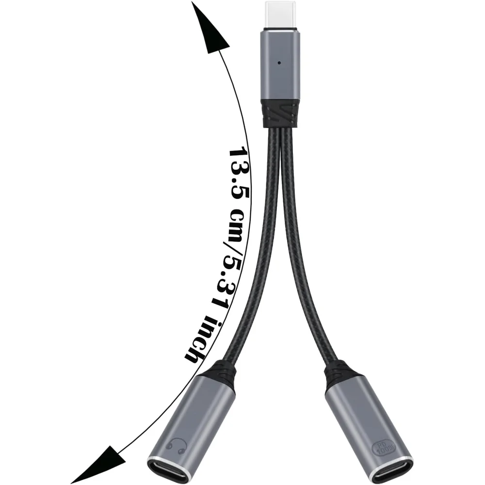 Dual USB-C Female Power Charging and Audio Adapter 2-in-1 Dongle