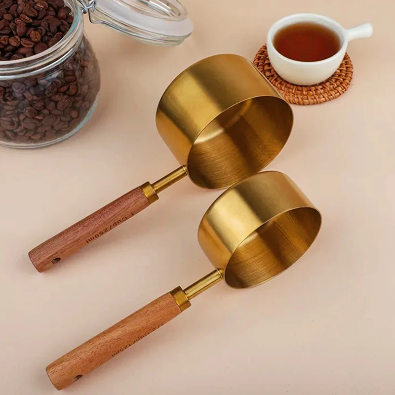 4PCS/8PCS Wooden Handle Measuring Cups And Measuring Spoons Stainless Steel Golden Measure Spoon And Measure Cup Set kitchen measuring spoons measuring spoon set measuring cup and spoon set