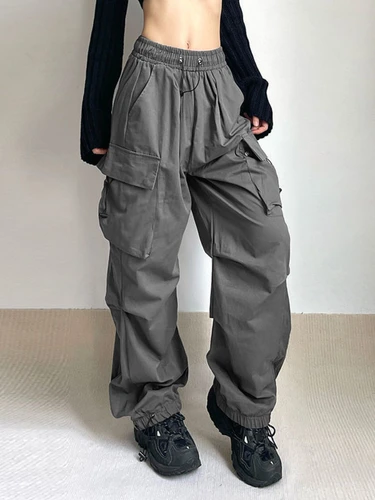 HOUZHOU Harajuku 여성용 오버사이즈 카고 낙하산 바지, 빈티지 Y2k 힙합 와이드 레그 조거, 헐렁한 스웨트 팬츠, 테크웨어 2