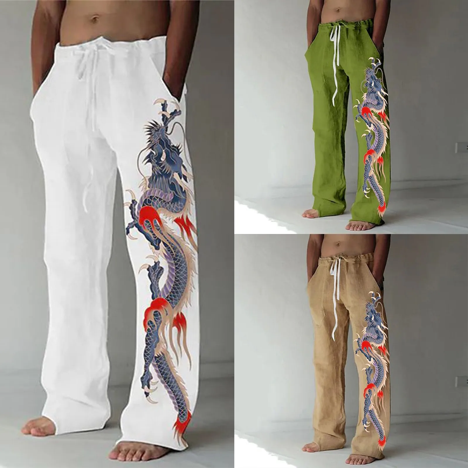 Men's Fashion Casual Printing Linen Pocket Lace Up Pants Casual Pants Band 1 Big N Tall Pants Loose Pants Training Pants for Man