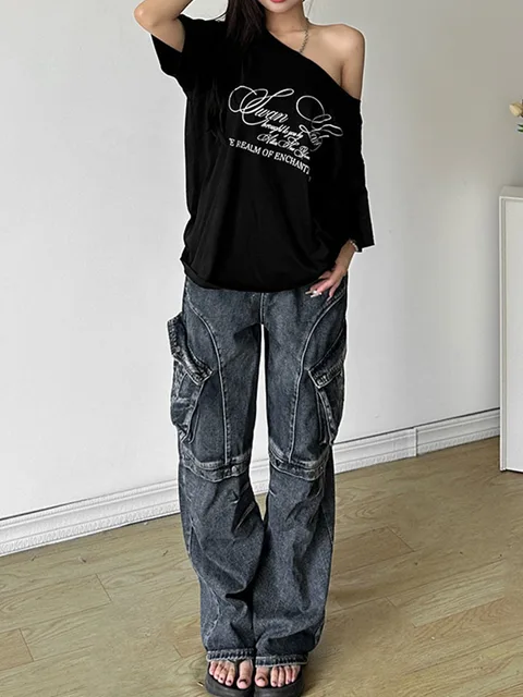 Casual Relax Woman T-shirt Letter 2025 Women Hot New Versatile Street Atmosphere Style Fashionable Chick Summertime Tops 6