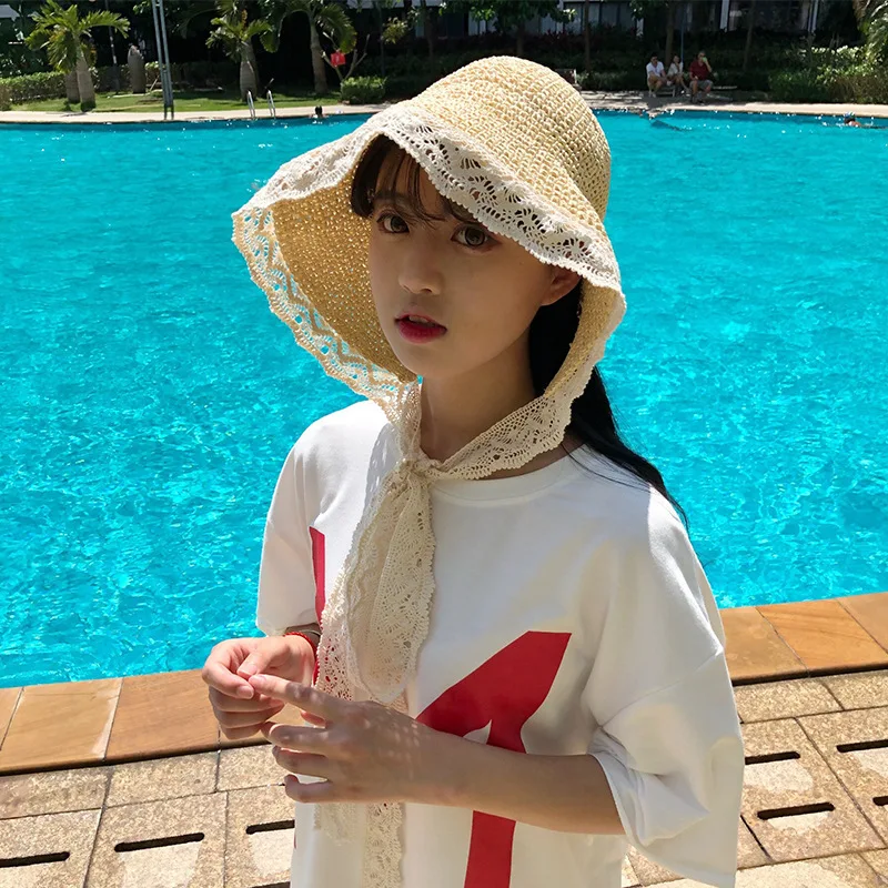 

Summer French Lace Strap Woven Straw Hats for Women Korean Version Ins Little Loli Cute Sweet Fisherman Hat Foldable Bucket Cap