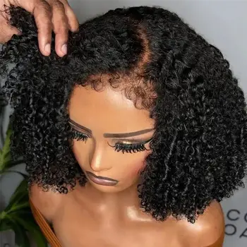 Short Bob Cut Kinky Curly Black Color 13X4 HD Transparent Lace Frontal Synthetic Wigs Glueless Wig Preplucked With Baby Hair 1