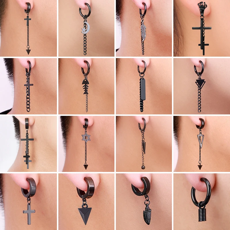 WKOUD Hoop Drop Earrings Black Moon Punk Girl Cross Multiple Unisex Geometry Star Animal Dragon Feather Rock Man Stainless Steel hoop earrings drop earrings animal earrings cross earrings