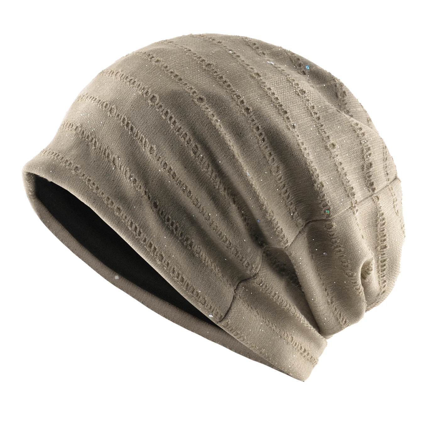 Leichte stapelbare Beanie-Mütze für Damen, Vintage-Strickmütze im Used-Look mit silbernem Splatter-Print, Herbst-Winter-Skullies-Mütze – Detail 9