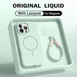 Premium Liquid Silicone Lanyard Strap Case with Magnetic Soft Cover - iPhone 14 Plus (Cyan)