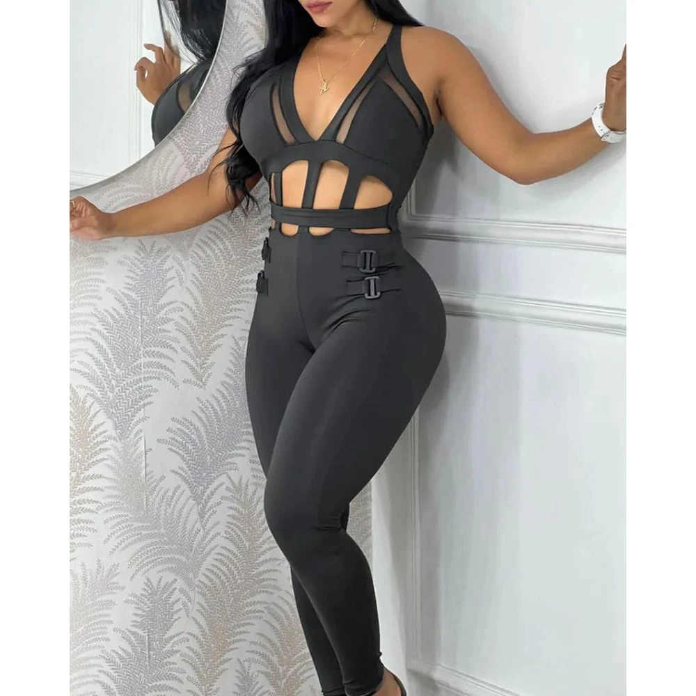 2024 New Femme Summer Sexy Spaghetti Strap Hollow Out Sleeveless Jumpsuits Women's Casual Sheer Mesh Pencil Jumpsuits Streetwear