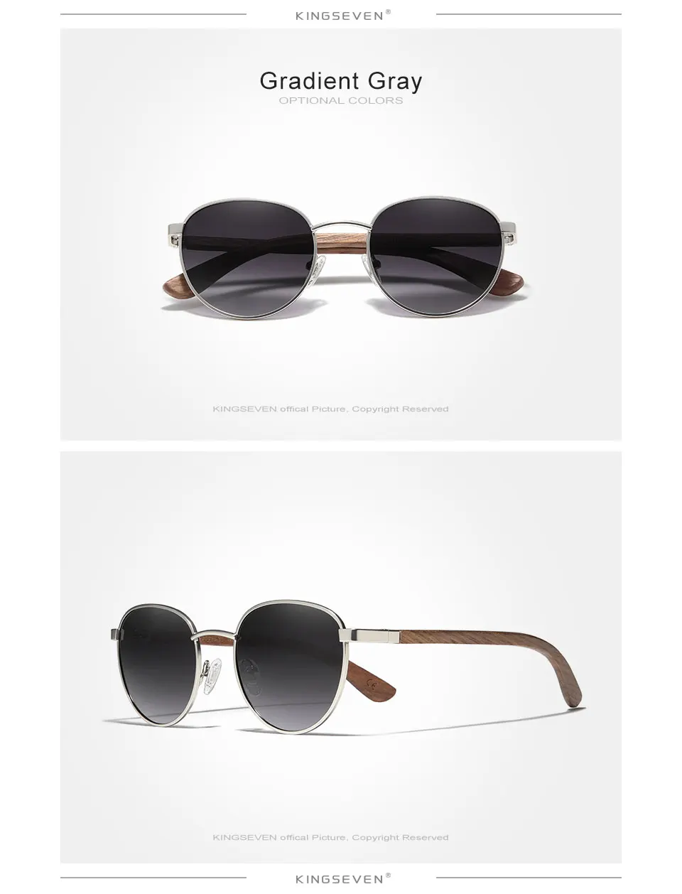 KINGSEVEN 2022 New Walnut Wood Round Frame Sunglasses