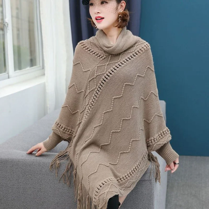 

Autumn and Winter Women's Tassel Cloak Coat Women's Shawl Mid Length Bat Shaped Thick High Neck Pullover with Sweater Knit