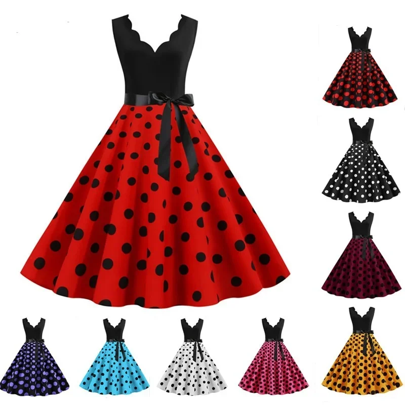 

Woman Ladies Retro Summer Dresses Audrey Hepburn 50s 60s Rockabilly V-neck Polka Dot Bow Pinup Ball Grown Party Robe Vestidos 30