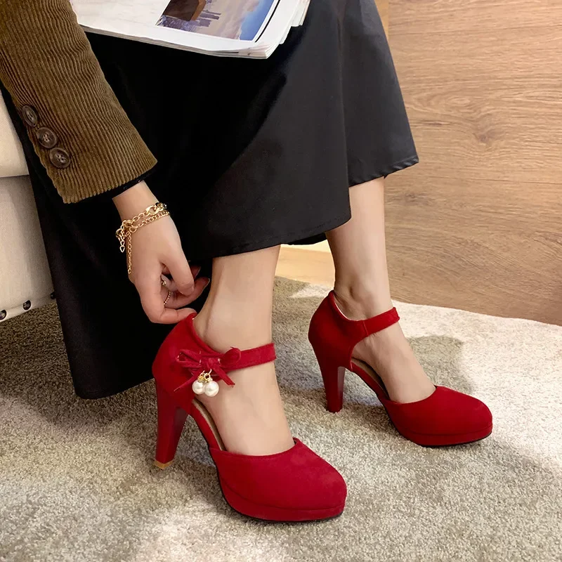 

Summer 2023 Spike Heels Suede Daily Party Mary Jane Shoes Woman High Heel Red Pink Black Pumps Bead Bowtie Womens Shoe