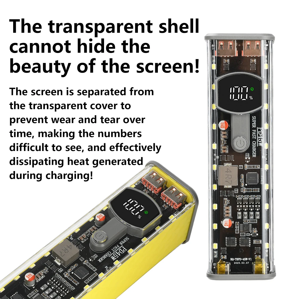 PD 45W Transparent Rapid-Charging Battery Case with Built-in Outdoor Light