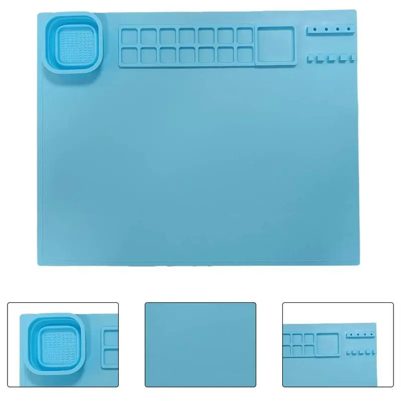 Mulanimo Kids Silicone Art Mat with Foldable Cup Brush Holder Color Dividers Waterproof Heat-Resistant Craft Mat, Size: 51, Blue