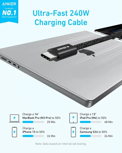 Anker Zolo USB C to USB C Cable, Braided and Dirt-Free Type-C Fast Charging Cable, Slim Connector, for iPhone 16 Series, MacBook 2