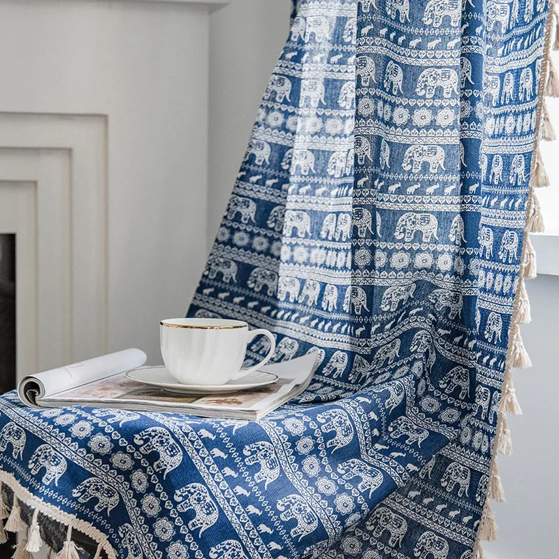 

Boho Blue Elephant Printing Curtain American Style Tassels Semi-shading Curtains Living Room Bedroom Cortina Study Cafe Valance