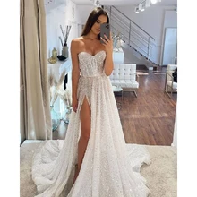 

Sparkly Boho Wedding Dresses 2022 Sleeveless Sweetheart A-Line Side Slit Evening Bride Gowns Custom Made Vestidos De Novia