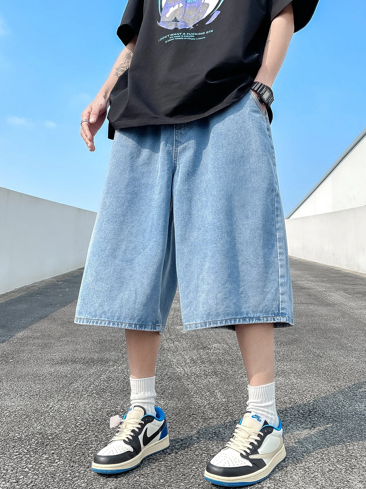 Men's Short Jeans Pants Cargo Loose Baggy Drawstring Male Denim Shorts with Pockets Wide Loose Original Cowboy Buttons A164