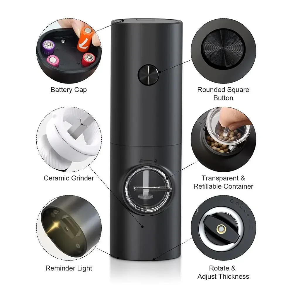Electric Salt And Pepper Grinder With Adjustable Coarseness Refillable Mill Battery Powered Kitchen Automatic Gadget Grinder 2