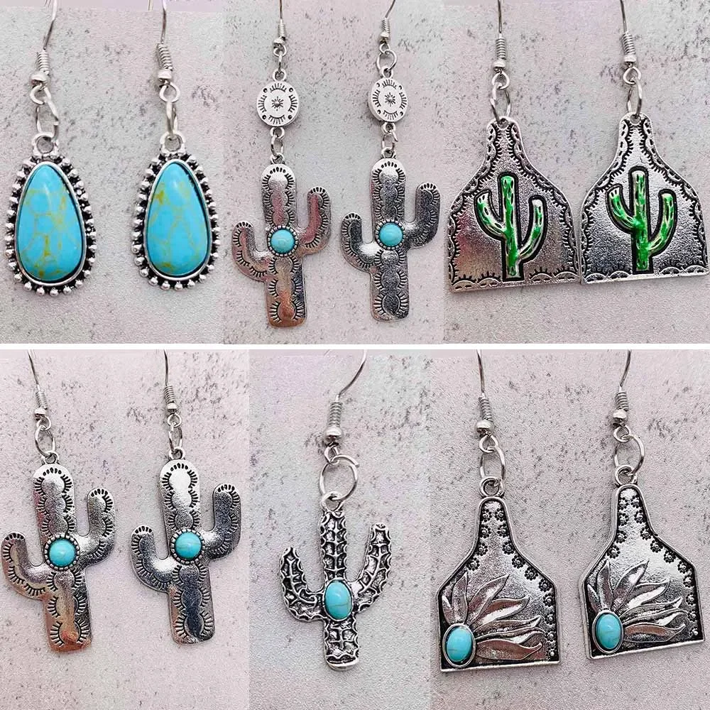 

New Vintage Cactus Turquoise Earrings for Women Boho Statement Earrings Jewelry Western Cowboy Jewelry Wholesale