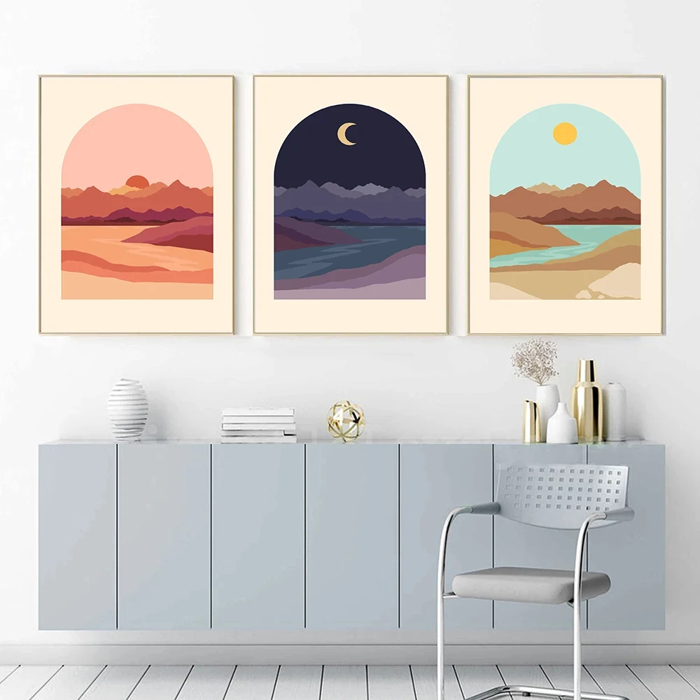 

Nordic Minimalist Desert Landscape Poster Sunrise Sunset Night Wall Art Canvas Painting Print Modern Living Room Home Decor