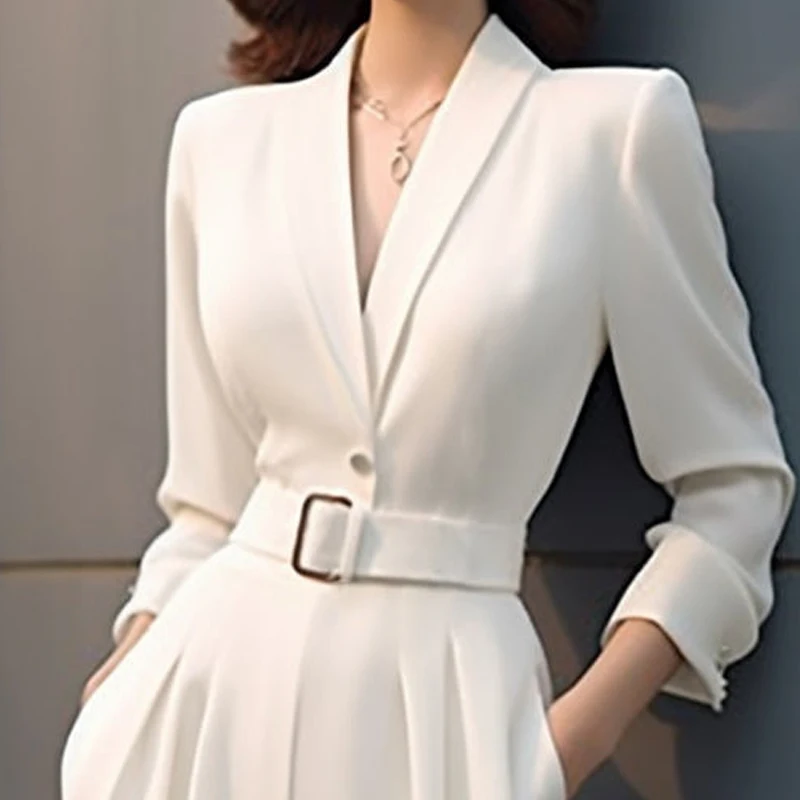 Spring Autumn Solid Color Fashion Jumpsuits Women V-neck Long Sleeve High Street High Waist Pockets Patchwork Wide Leg Trousers 4