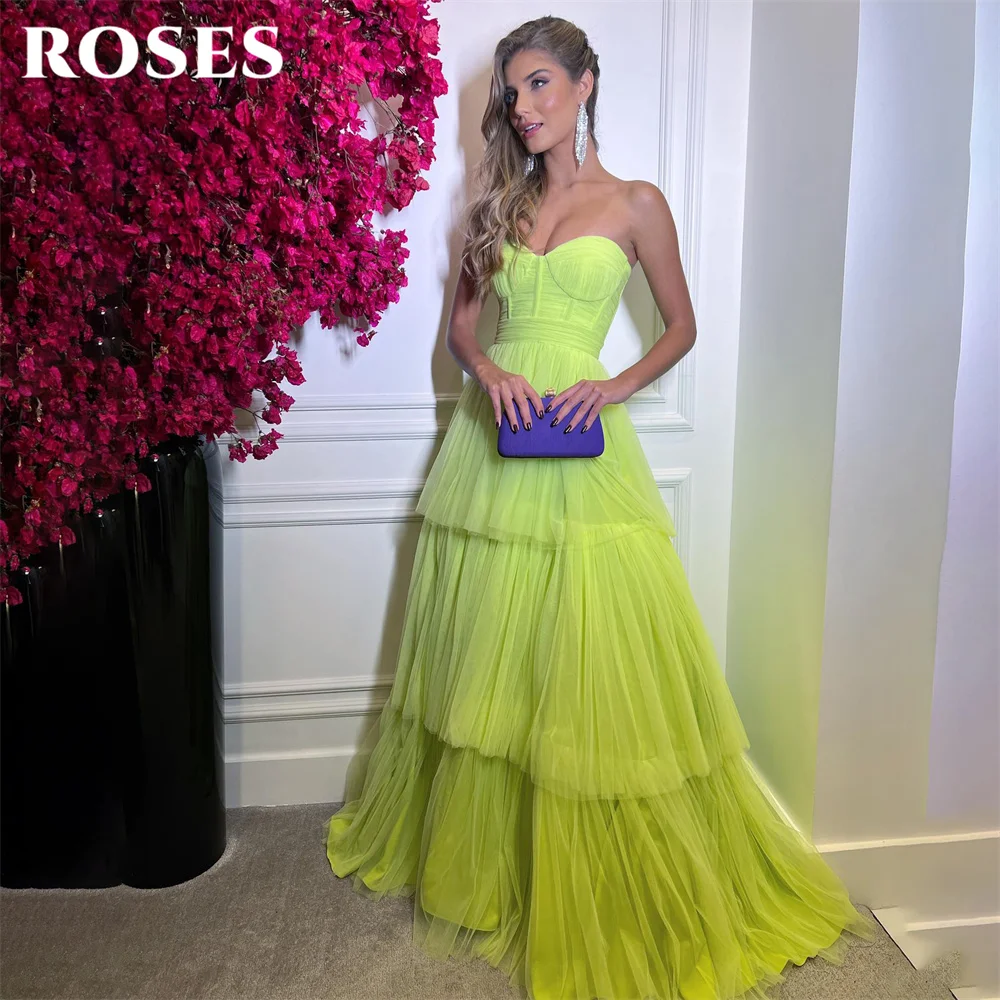 

ROSES Sweetheart Neck Prom Dress Yellow Net Celebrity Dresses Tiered Pleat Women's Evening Dress Sleeveless Formal Gown 프롬 드레스