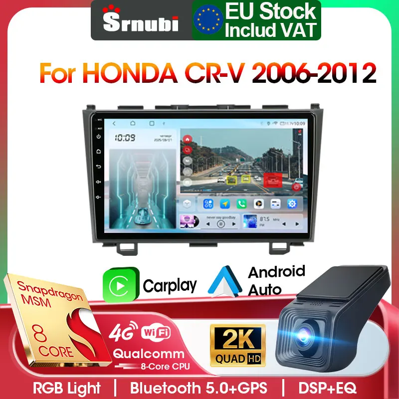 Radio samochodowe 2DIN Srnubi do Hondy CR-V 3 RE CRV 2007-2011 z funkcją Carplay, Android Auto, Mirror Link, BT, nawigacją GPS i odtwarzaczem DVD.