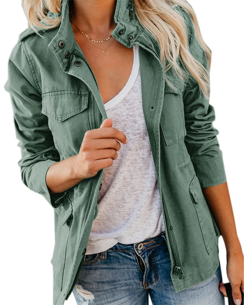 Women Zipper Jacket Autumn Female Outerwear Long Sleeve Casual Streetwear Coat Windbreaker Anorak Stand Collar Military Jackets