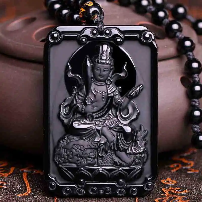 

Natural Obsidian Hand Carved Manjusri Bodhisattva Jade Pendant Fashion Jewelry Men's and Women's Zodiac Rabbit Guardian Necklace